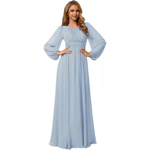 EverPretty Womens Crewneck Lantern Sleeves ALine Pleated Chiffon Maxi Formal Dress 0106BIce Blue