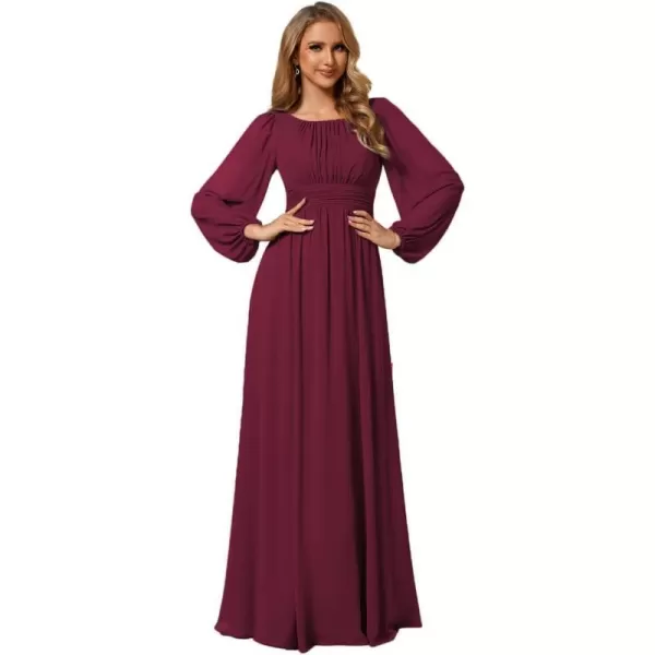 EverPretty Womens Crewneck Lantern Sleeves ALine Pleated Chiffon Maxi Formal Dress 0106BMulberry