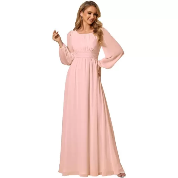 EverPretty Womens Crewneck Lantern Sleeves ALine Pleated Chiffon Maxi Formal Dress 0106BPink