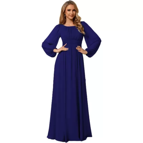 EverPretty Womens Crewneck Lantern Sleeves ALine Pleated Chiffon Maxi Formal Dress 0106BRoyal Blue