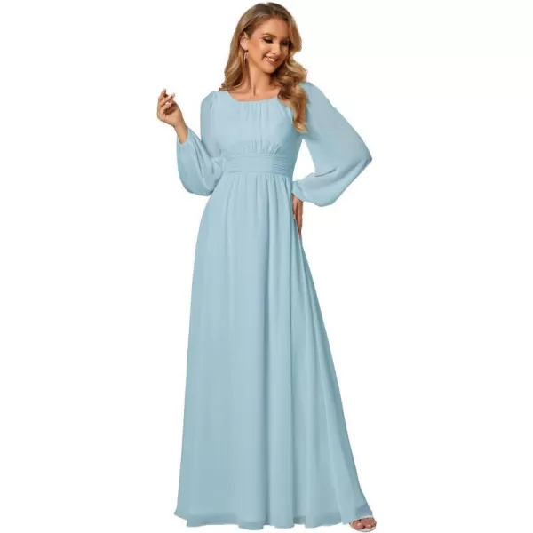 EverPretty Womens Crewneck Lantern Sleeves ALine Pleated Chiffon Maxi Formal Dress 0106BSky Blue