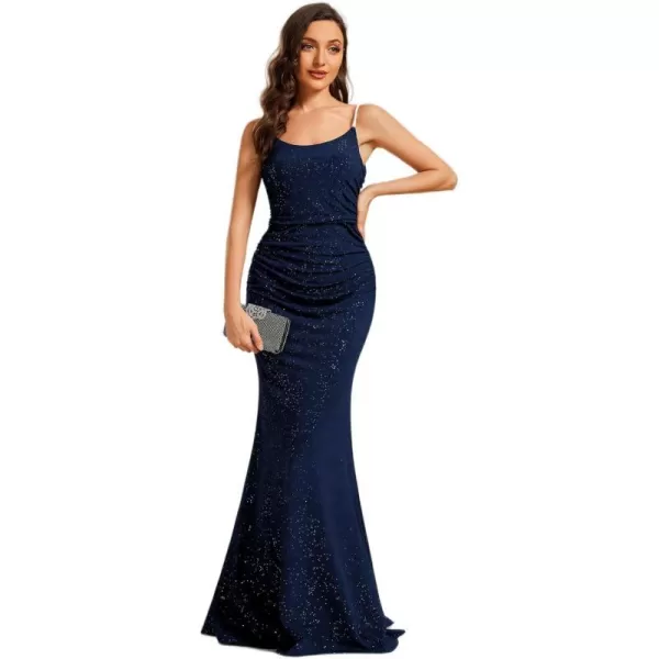 EverPretty Womens Crystal Spaghetti Strap Scoop Neck Glitter Bodycon Mermaid Evening Dress 01945Navy Blue