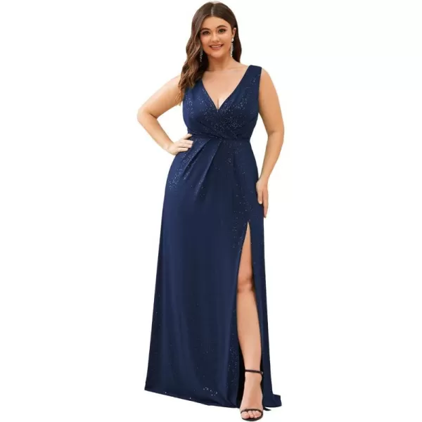 EverPretty Womens Custom Glitter VNeck Ruched Side Slit Evening Dresses 07506Anavy Blue