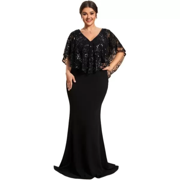 EverPretty Womens Custom V Neck Sequin Embroidered SeeThrough Mermaid Evening Dress with Shawl 01798PZBlack