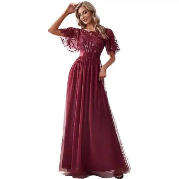 EverPretty Womens Customized Generous Sequin A Line Short Sleeves Embroidered Floor Length Evening DressesBurgundy