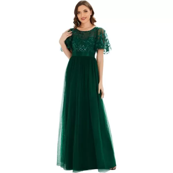 EverPretty Womens Customized Generous Sequin A Line Short Sleeves Embroidered Floor Length Evening DressesDark Green