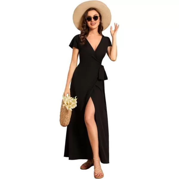 EverPretty Womens Deep V Neck Sash High Low Front Split Summer Beach Dress Maxi Sundress 01827Black