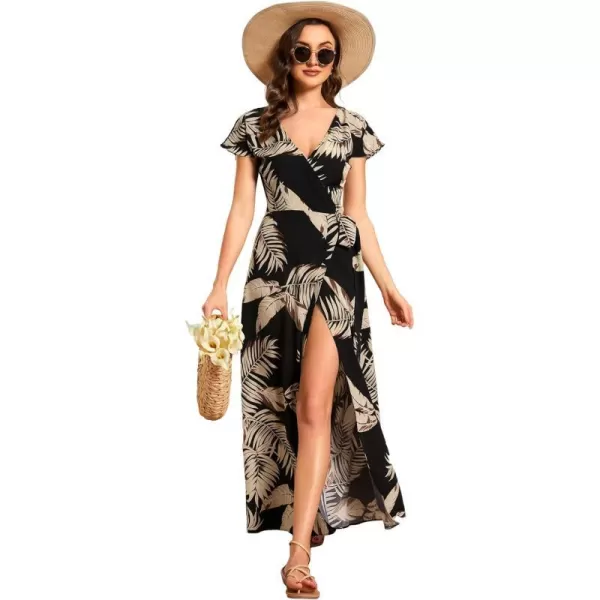 EverPretty Womens Deep V Neck Sash High Low Front Split Summer Beach Dress Maxi Sundress 01827Black Printed