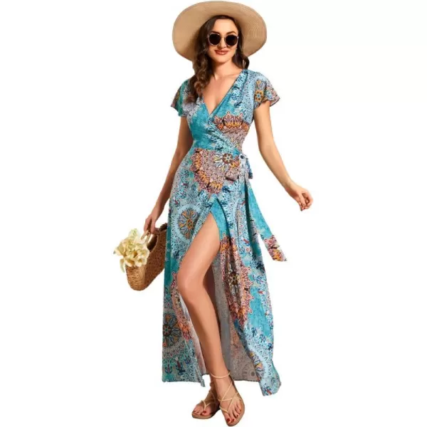 EverPretty Womens Deep V Neck Sash High Low Front Split Summer Beach Dress Maxi Sundress 01827Bohemian Light Blue