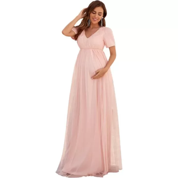 EverPretty Womens Deep V Neck Short Sleeve Sequin Aline Tulle FloorLength Maternity Dress 40049EYPink