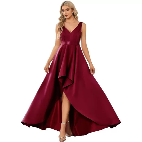 EverPretty Womens Deep V Neck Sleeveless Empire Waist High Low ALine Satin Maxi Prom Dresses 01760Burgundy