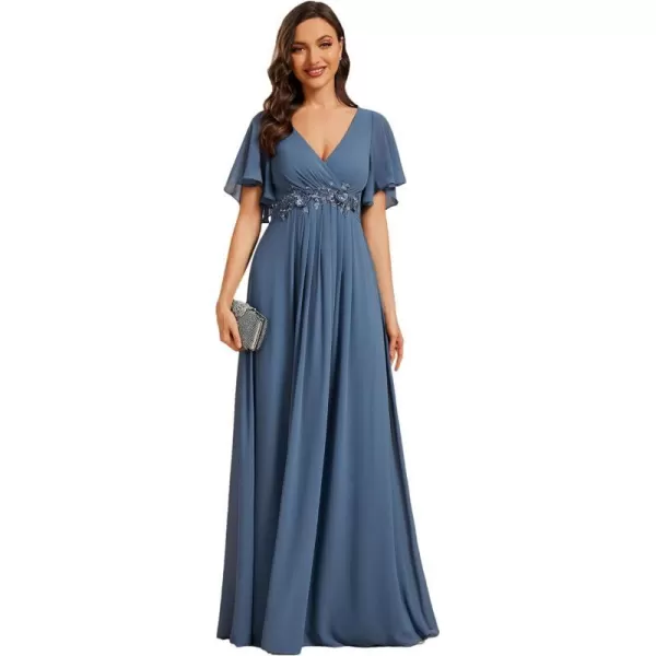 EverPretty Womens Deep VNeck Aline Short Sleeves Flowy Chiffon Long Evening Gowns Dusty Navy US16EverPretty Womens Deep VNeck Aline Short Sleeves Flowy Chiffon Long Evening Gowns Dusty Navy US16