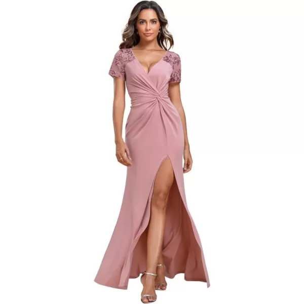 EverPretty Womens Deep VNeck Applique Ruffle Sleeves Side Slit Pleated Long Formal Dresses 01669Dusty Rose