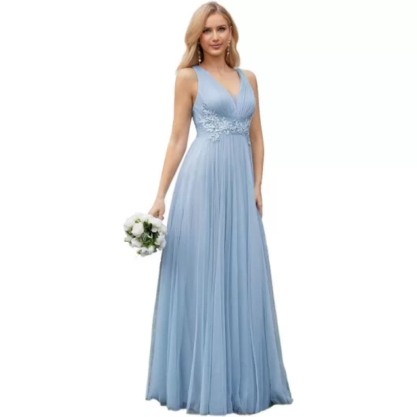 EverPretty Womens Deep VNeck Sleeveless Applique ALine Tulle Bridesmaid Dresses 01946Light Dusty Blue