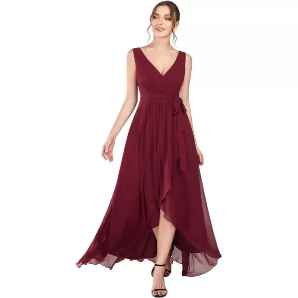 EverPretty Womens Deep VNeck Sleeveless Bow Waist High Low ALine Chiffon Bridesmaid Dress 01363Burgundy