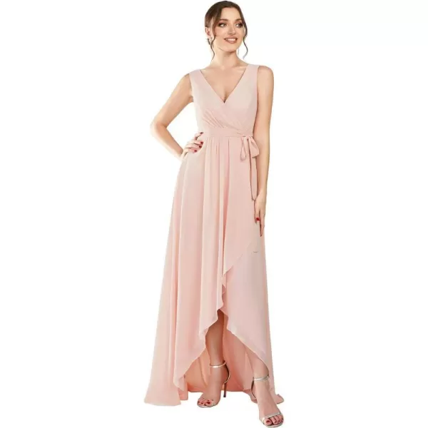 EverPretty Womens Deep VNeck Sleeveless Bow Waist High Low ALine Chiffon Bridesmaid Dress 01363Pink