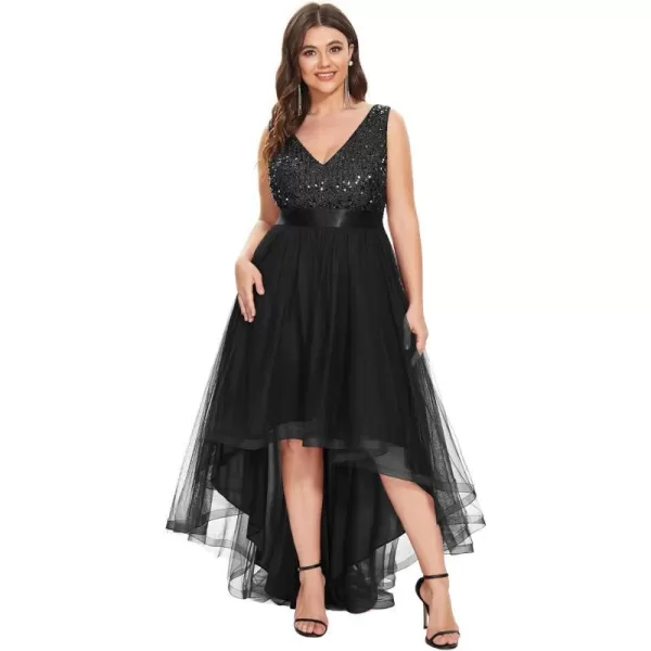 EverPretty Womens Double V Neck A Line High Low Sequin Tulle Plus Size Formal Dresses for Curvy Women 0147ADABlack