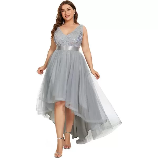 EverPretty Womens Double V Neck A Line High Low Sequin Tulle Plus Size Formal Dresses for Curvy Women 0147ADASilver