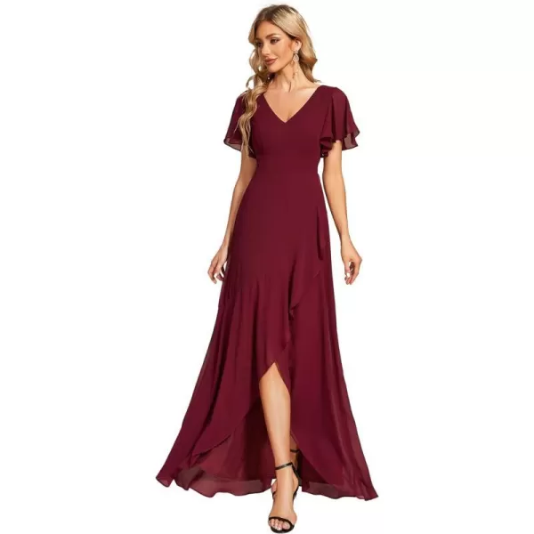 EverPretty Womens Double V Neck A Line Ruffle Hem Backless High Low Chiffon Formal Dresses 01749Burgundy