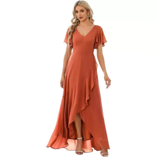 EverPretty Womens Double V Neck A Line Ruffle Hem Backless High Low Chiffon Formal Dresses 01749Burnt Orange