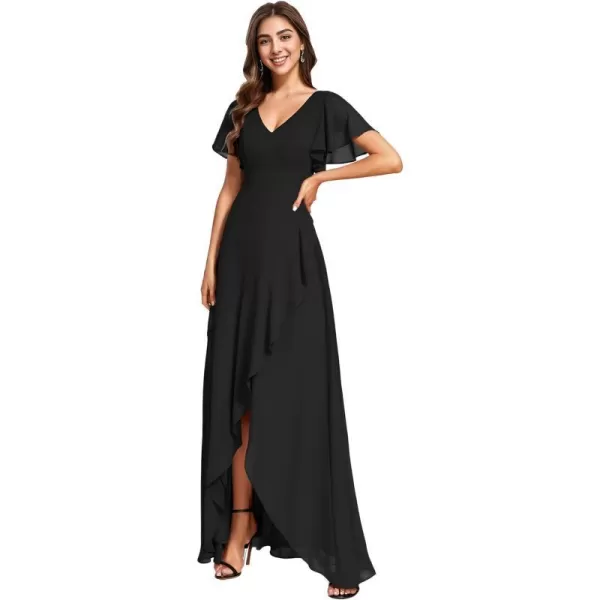 EverPretty Womens Double V Neck A Line Ruffle Hem Backless High Low Chiffon Wedding Guest DressesBlack