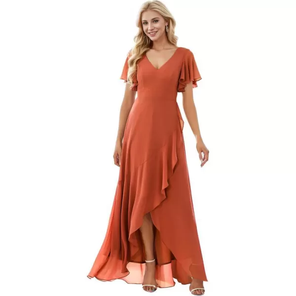 EverPretty Womens Double V Neck A Line Ruffle Hem Backless High Low Chiffon Wedding Guest DressesBurnt Orange