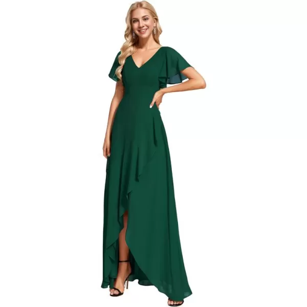 EverPretty Womens Double V Neck A Line Ruffle Hem Backless High Low Chiffon Wedding Guest DressesDark Green