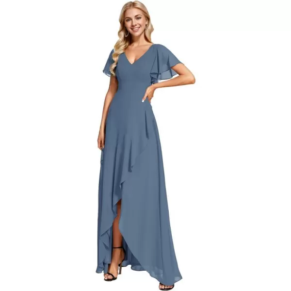 EverPretty Womens Double V Neck A Line Ruffle Hem Backless High Low Chiffon Wedding Guest DressesDusty Navy