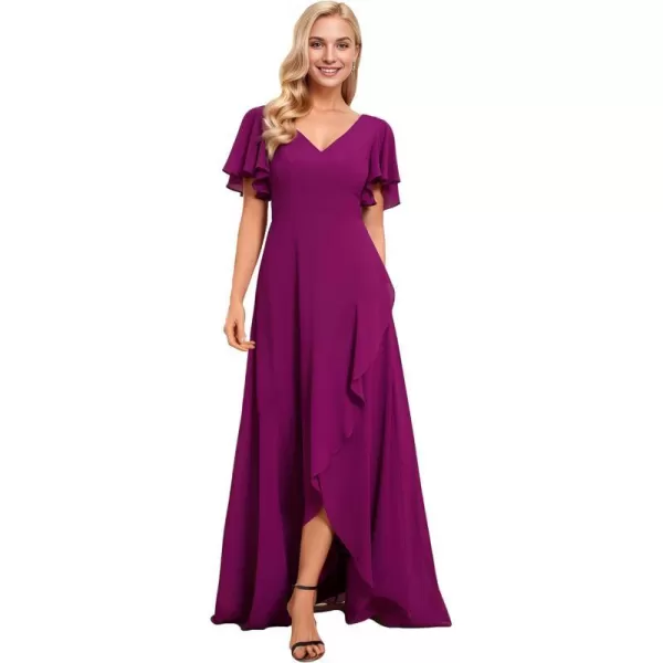 EverPretty Womens Double V Neck A Line Ruffle Hem Backless High Low Chiffon Wedding Guest DressesFuchsia