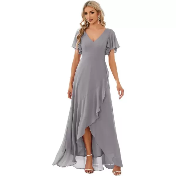 EverPretty Womens Double V Neck A Line Ruffle Hem Backless High Low Chiffon Wedding Guest DressesGrey