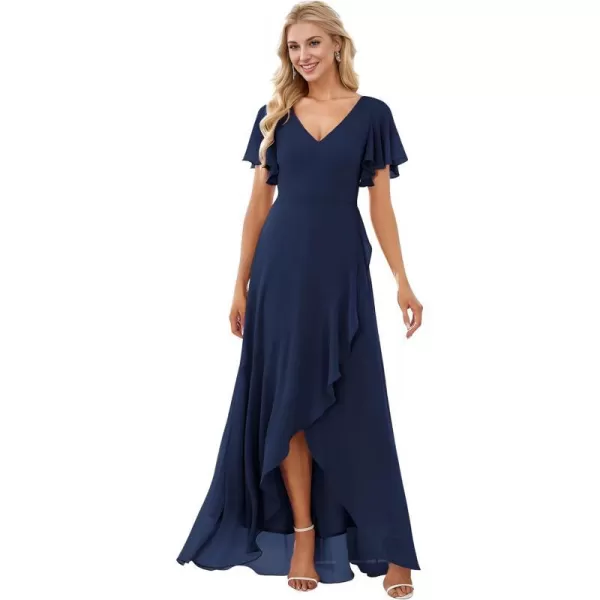 EverPretty Womens Double V Neck A Line Ruffle Hem Backless High Low Chiffon Wedding Guest DressesNavy Blue