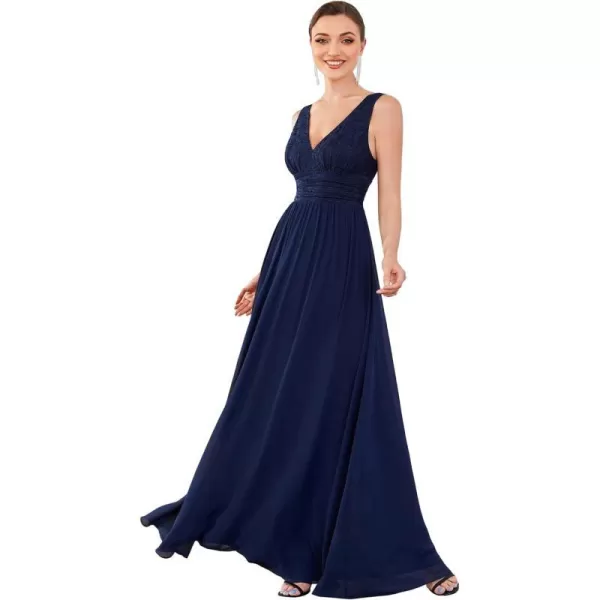 EverPretty Womens Double VNeck Elastic Lace Sleeveless Chiffon ALine Maxi Evening Gowns 0163ANavy Blue