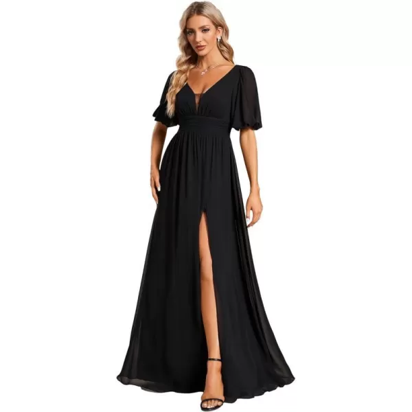 EverPretty Womens Double VNeck Puffy Sleeves Side Slit Chiffon ALine Floor Length Evening Dresses 01385Black