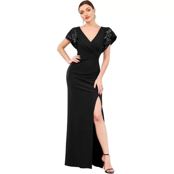 EverPretty Womens Double VNeck Ruffle Sleeves Pleated Bodycon Side Slit Maxi Formal Dresses 0207ABlack