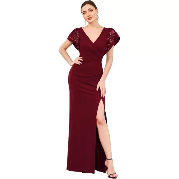 EverPretty Womens Double VNeck Ruffle Sleeves Pleated Bodycon Side Slit Maxi Formal Dresses 0207ABurgundy