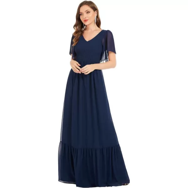 EverPretty Womens Double VNeck Ruffles Sleeves Pleated Chiffon Maxi Formal Dresses 01413Navy Blue