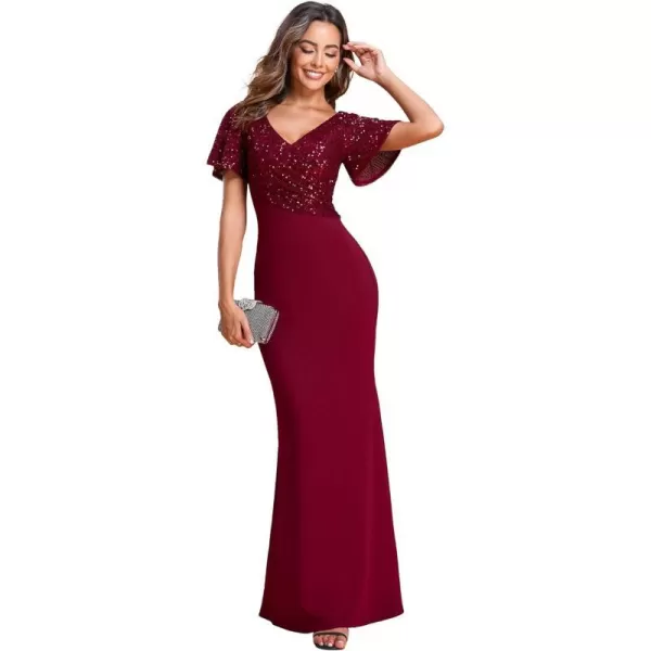 EverPretty Womens Double VNeck Short Sleeves Pleated Sequin Maxi Mermiad Formal Dresses 01524Burgundy