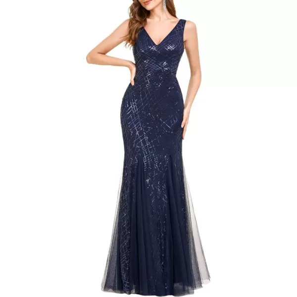 EverPretty Womens Doule VNeck Sleeveless Lace up Sequin Memaid Maxi Formal Gowns and Evening Dresses 01418Navy Blue