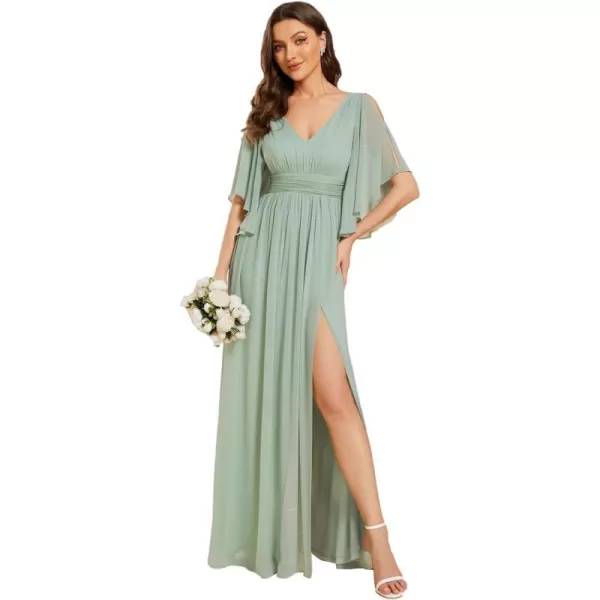 EverPretty Womens Elegant A Line Ruched Split V Neck Half Sleeves Backless Floor Length Bridesmaid Dresses 01886Mint Green