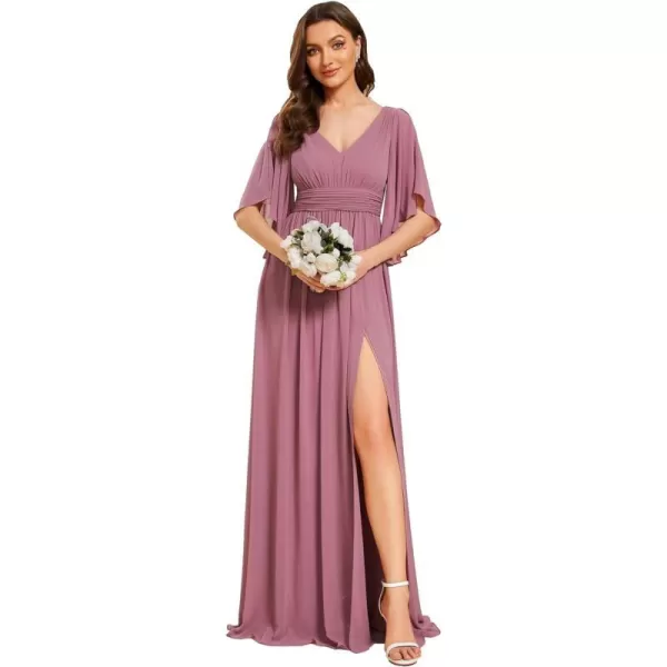 EverPretty Womens Elegant A Line Ruched Split V Neck Half Sleeves Backless Floor Length Bridesmaid Dresses 01886Orchid