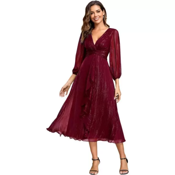 EverPretty Womens Elegant A Line Ruched V Neck Long Sleeves TeaLength Wedding Guest Dresses 01977Burgundy