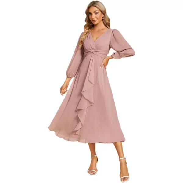 EverPretty Womens Elegant A Line Ruched V Neck Long Sleeves TeaLength Wedding Guest Dresses 01977Dusty Rose