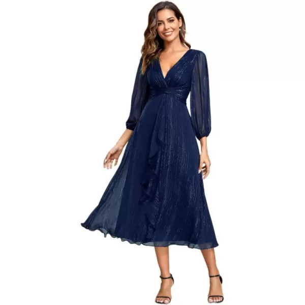 EverPretty Womens Elegant A Line Ruched V Neck Long Sleeves TeaLength Wedding Guest Dresses 01977Navy Blue