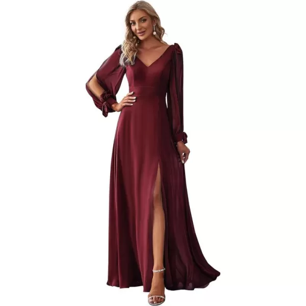 EverPretty Womens Elegant Double V Neck Long Sleeve Formal Dress High Waist Split Formal Evening Gowns 80116Burgundy