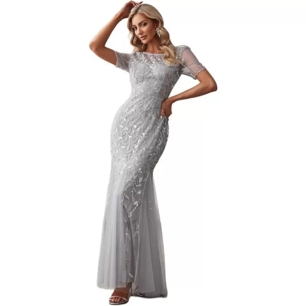 EverPretty Womens Elegant Illusion Short Sleeve Crew Neck Sequin Embroidery Mermaid Evening Dresses 07707Grey