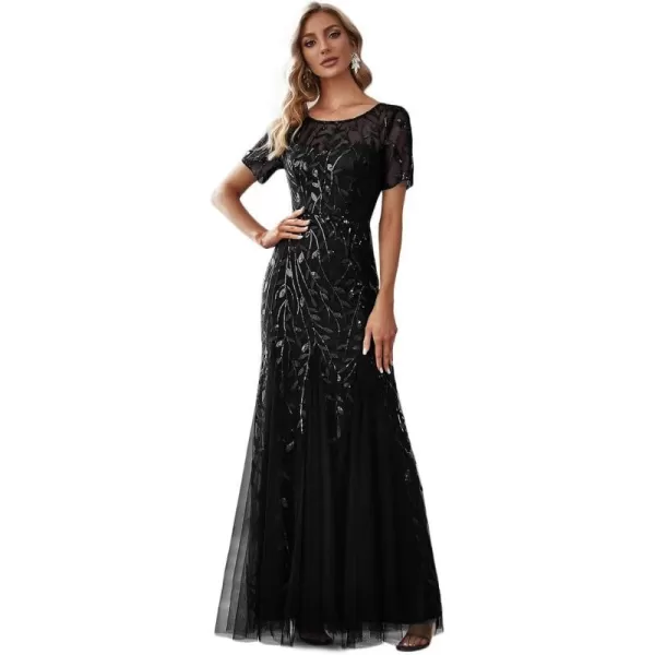 EverPretty Womens Elegant Illusion Short Sleeve Sequin Embroidery Mermaid Evening Dress 07707USABlack