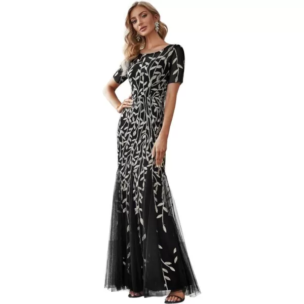 EverPretty Womens Elegant Illusion Short Sleeve Sequin Embroidery Mermaid Evening Dress 07707USABlack2