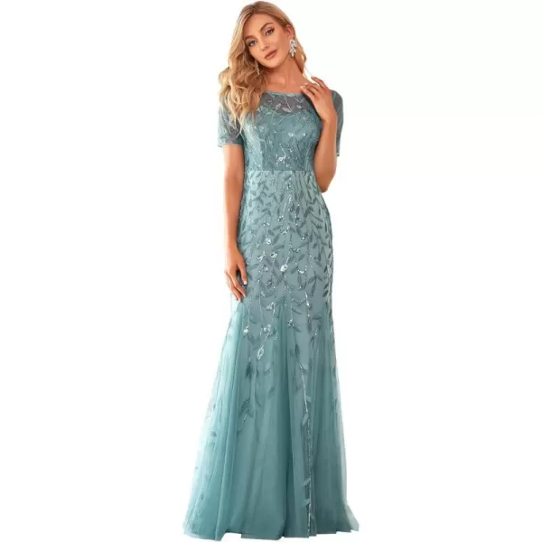 EverPretty Womens Elegant Illusion Short Sleeve Sequin Embroidery Mermaid Evening Dress 07707USABlue