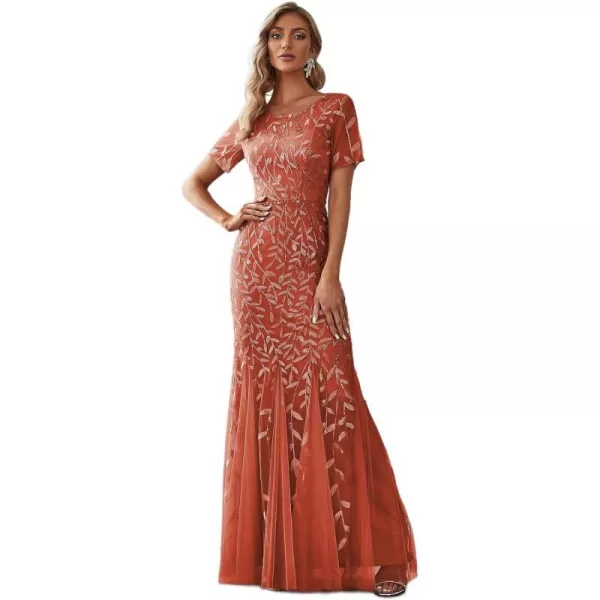 EverPretty Womens Elegant Illusion Short Sleeve Sequin Embroidery Mermaid Evening Dress 07707USABurnt Orange