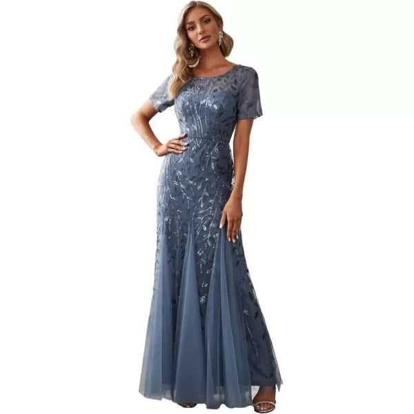 EverPretty Womens Elegant Illusion Short Sleeve Sequin Embroidery Mermaid Evening Dress 07707USAHaze Blue